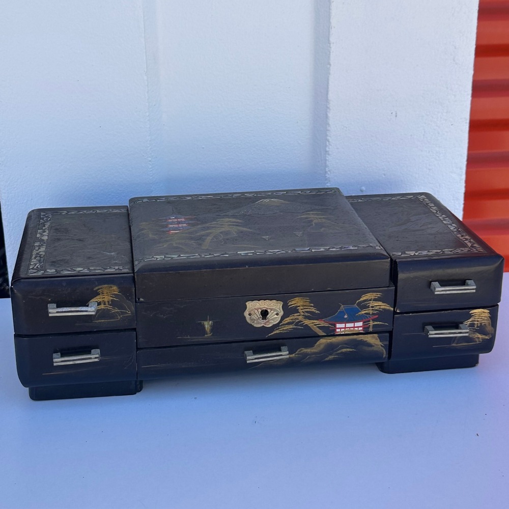 Vintage Black Lacquer Japanese Jewelry Music Box Working Music Sankyo Japan